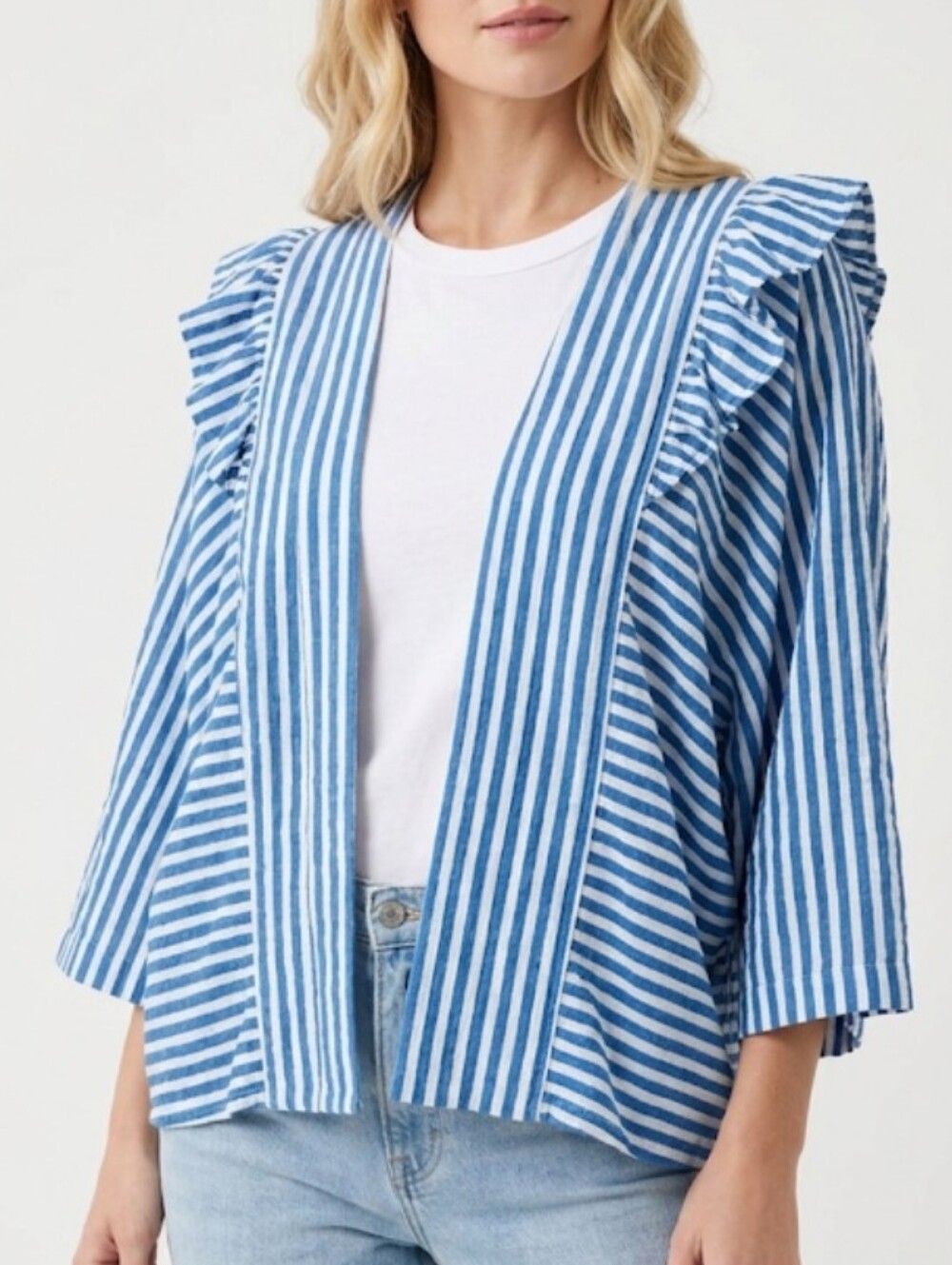 Anthropologie Blue White Eyelet Lace Open Front Shrug O/S EUC